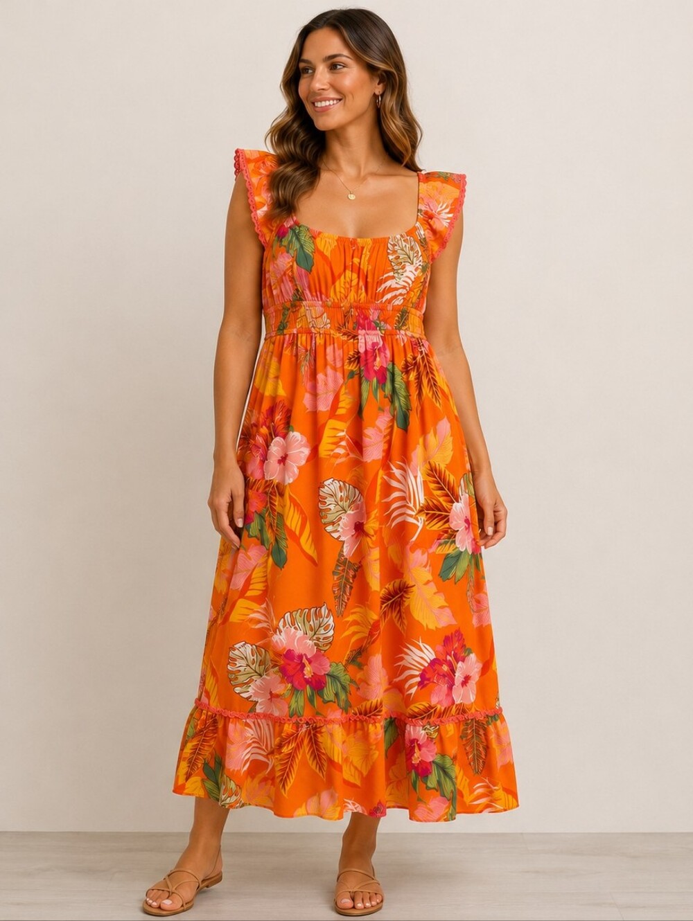 A-215 Umgee Tropical Floral Maxi Dress Ruffle Straps Smock